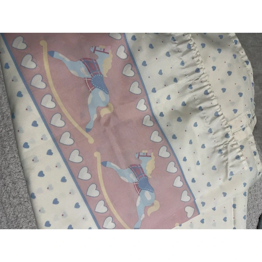 Vintage Shower Curtain Rocking Horse Blue Hearts Pink Granny Grannycore Cottage